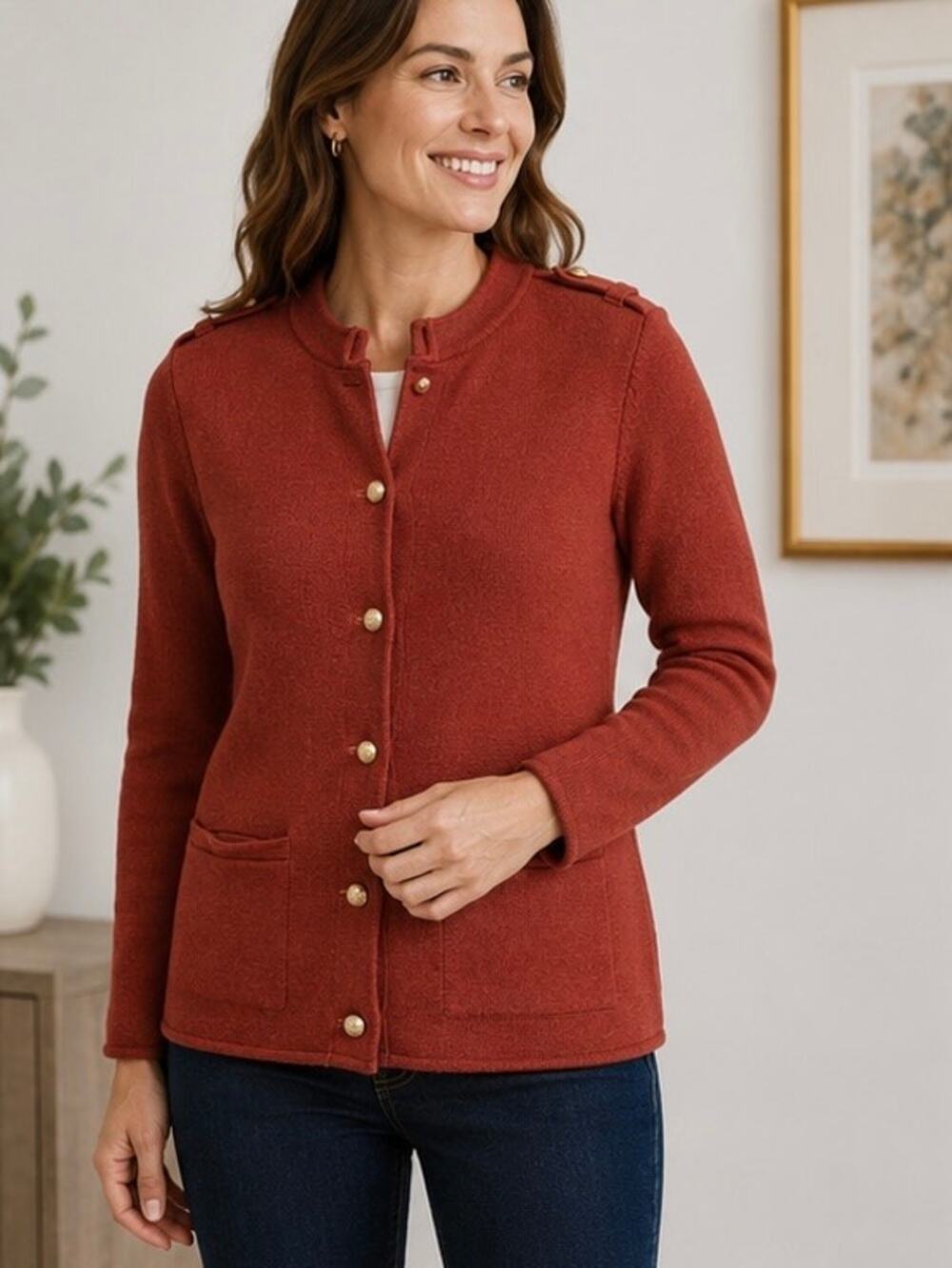 Talbots Petite Merino Wool Blend Military Cardigan Sweater Rust Gold Buttons SP